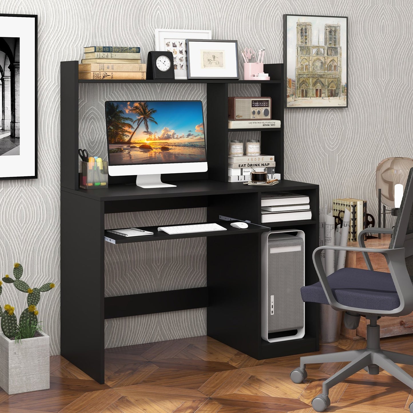 Home Office Computer Desk with Bookcase Keyboard Tray and CPU Stand, Black - Gallery Canada