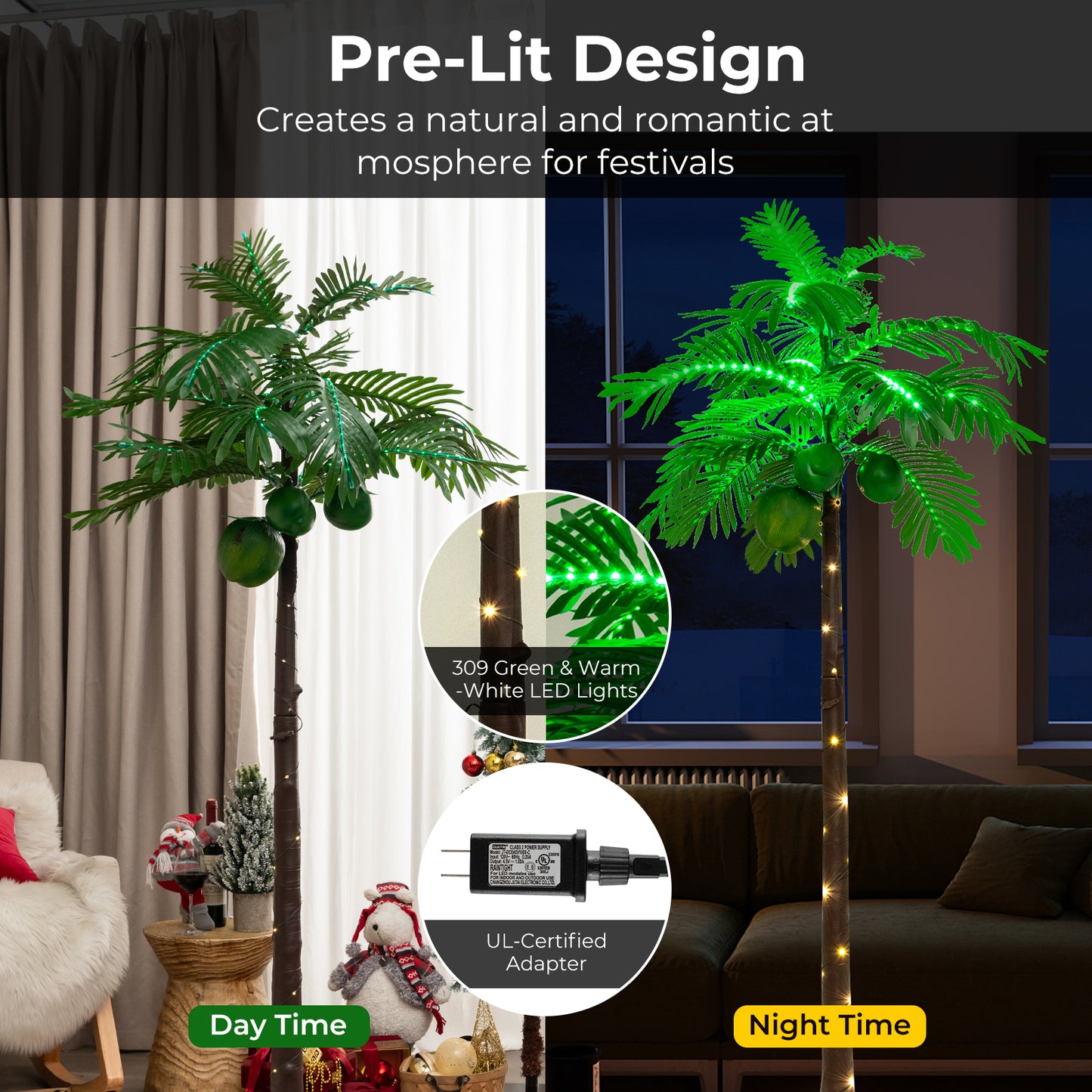 6 FT LED Lighted Artificial Palm Tree Hawaiian Style Tropical with Water Bag, Green Christmas Tree at Gallery Canada