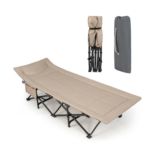 Folding Camping Cot with Carry Bag Cushion and Headrest-khaki, Khaki