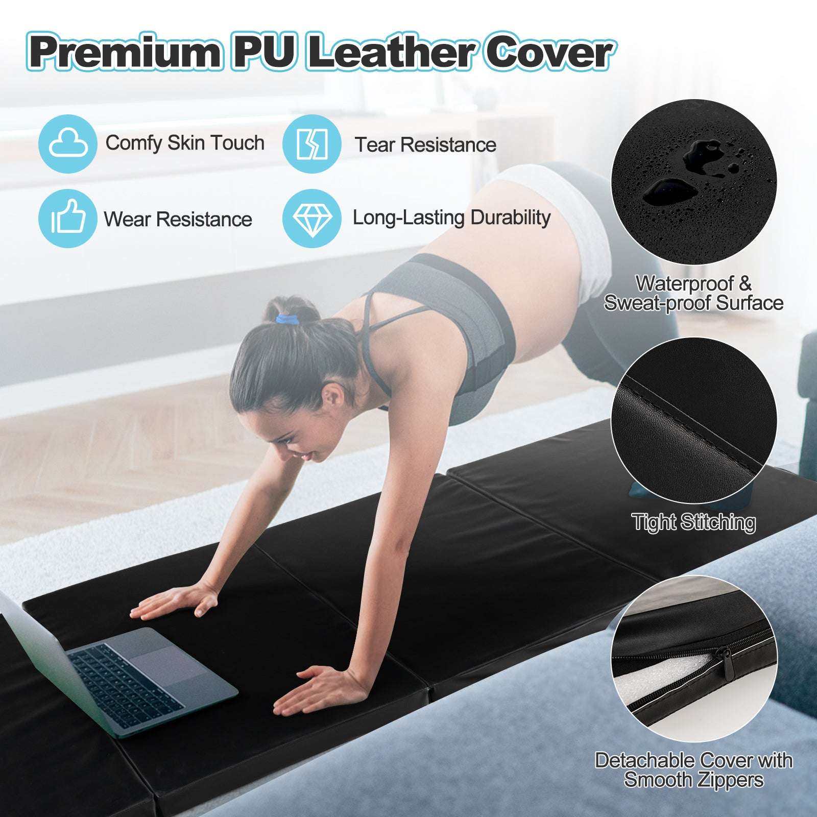 Folding Gymnastics Mat, With Carry Handles, Sweatproof PU Leather Cover, Black Yoga & Gym Mats at Gallery Canada