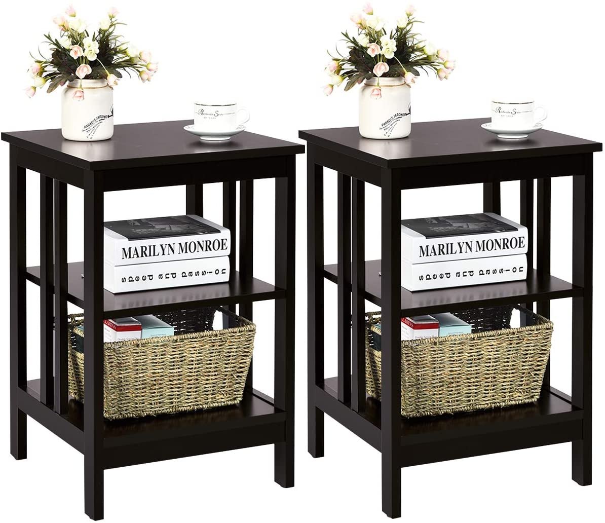 Set of 2 Multifunctional 3-Tier Nightstand Sofa Side Table with Reinforced Bars and Stable Structure, Dark Brown - Gallery Canada