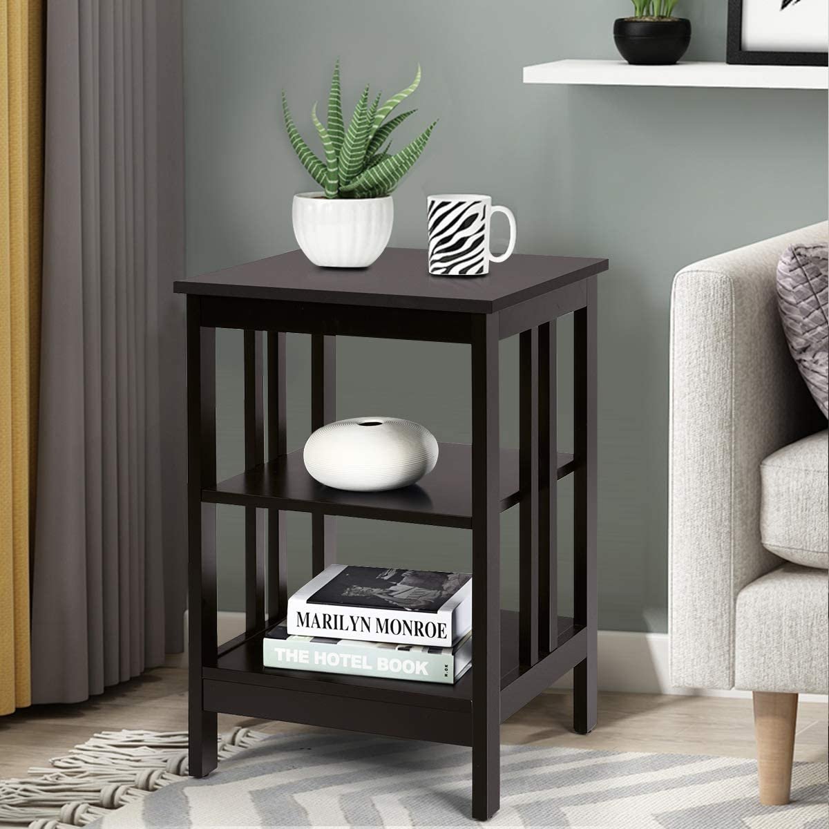 Set of 2 Multifunctional 3-Tier Nightstand Sofa Side Table with Reinforced Bars and Stable Structure, Dark Brown - Gallery Canada