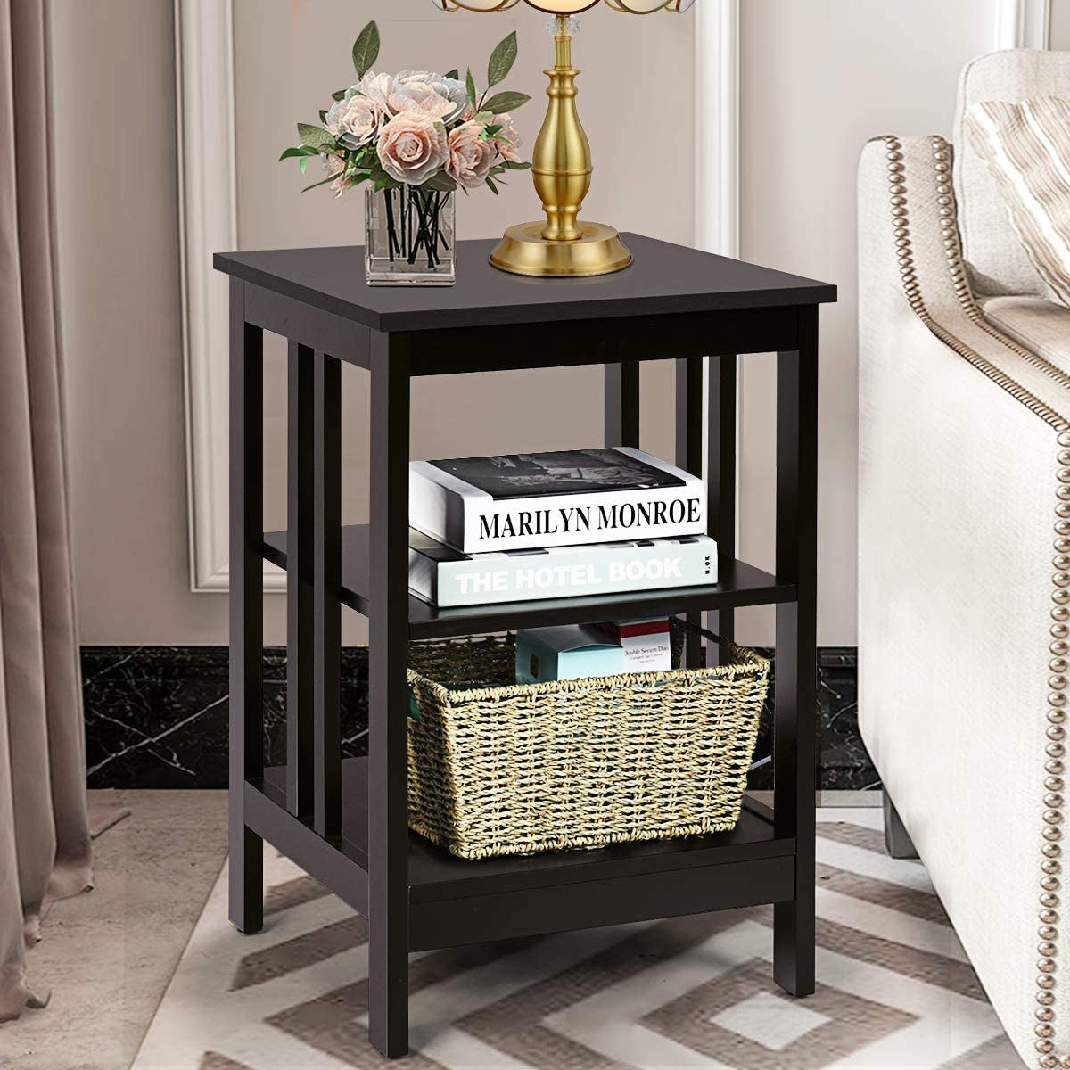 Set of 2 Multifunctional 3-Tier Nightstand Sofa Side Table, Dark Brown Nightstands at Gallery Canada