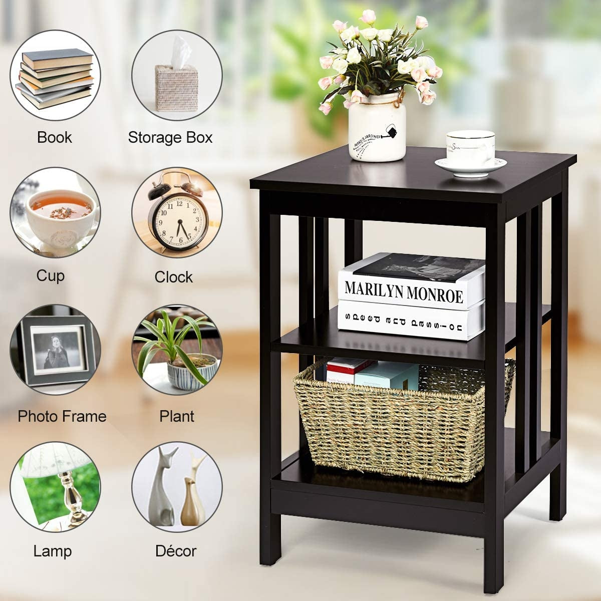Set of 2 Multifunctional 3-Tier Nightstand Sofa Side Table, Dark Brown Nightstands at Gallery Canada