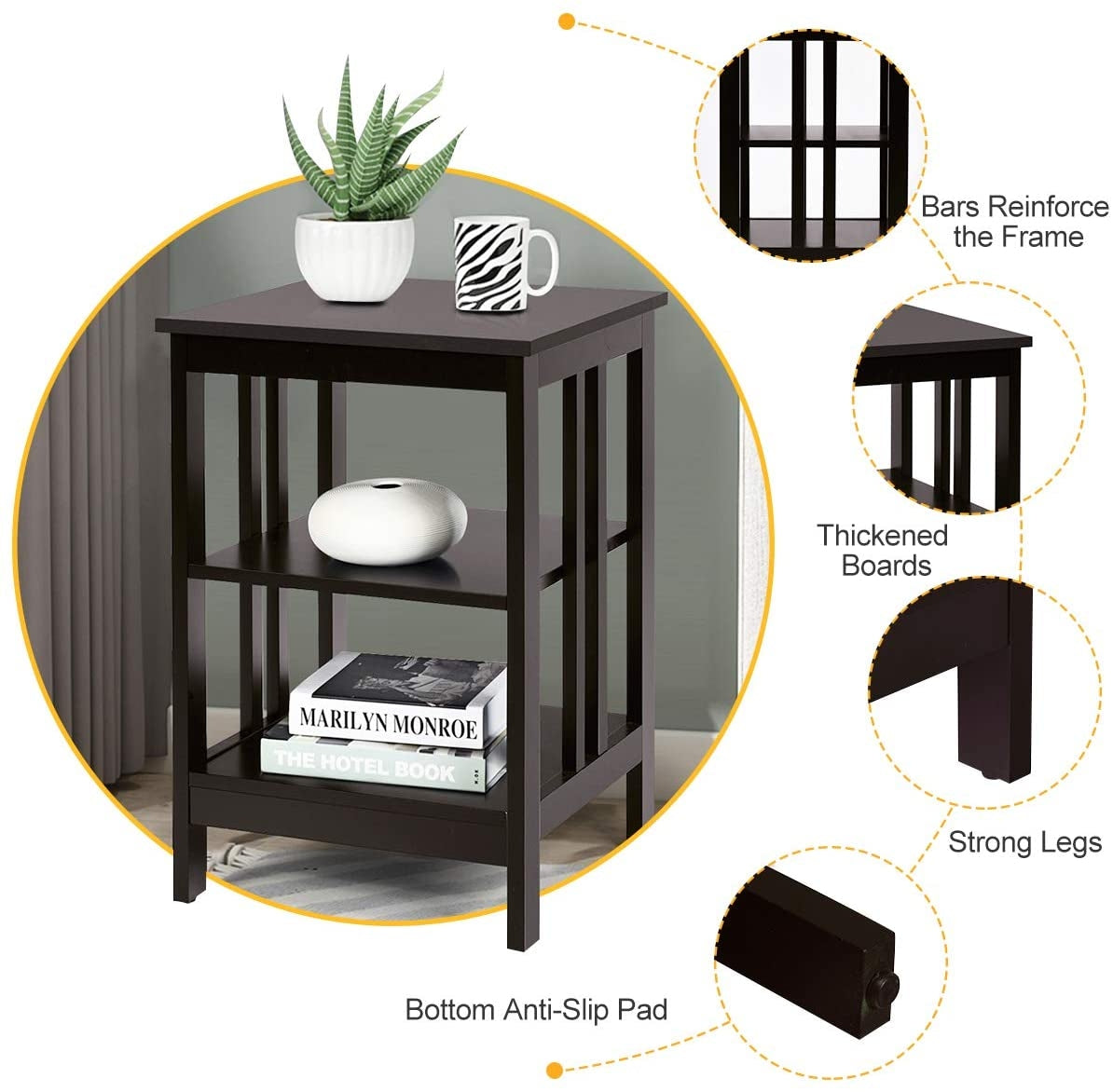 Set of 2 Multifunctional 3-Tier Nightstand Sofa Side Table, Dark Brown Nightstands at Gallery Canada