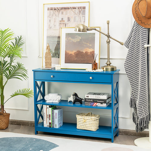 Console Table 3-Tier with Drawer and Storage Shelves, Blue