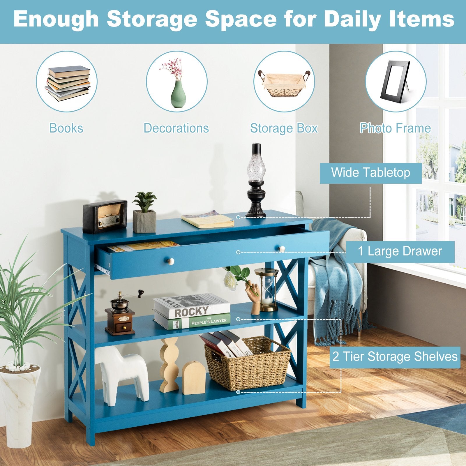 Console Table 3-Tier with Drawer and Storage Shelves, Blue - Gallery Canada