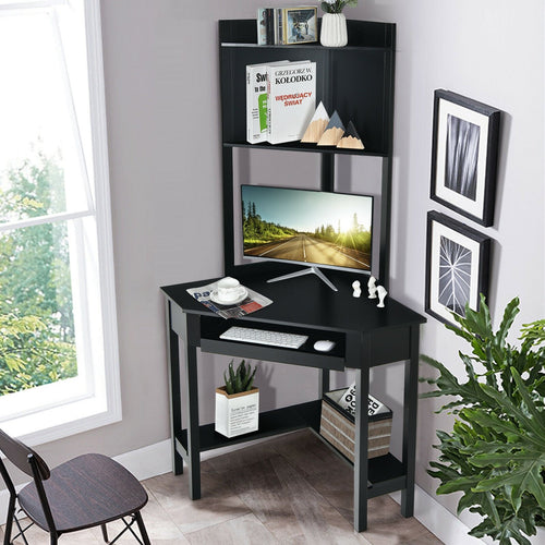 Corner Computer Desk with Hutch and Storage Shelves, Black