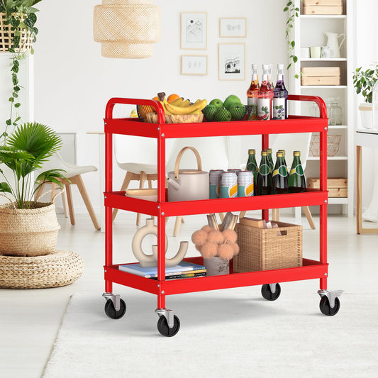 3-Tier Metal Utility Cart with Lockable Casters and Handles, Red - Gallery Canada