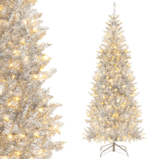 6 Ft Pre-Lit Artificial Tinsel Christmas Tree, 790 Branch Tips, 300 LED Lights, Silver