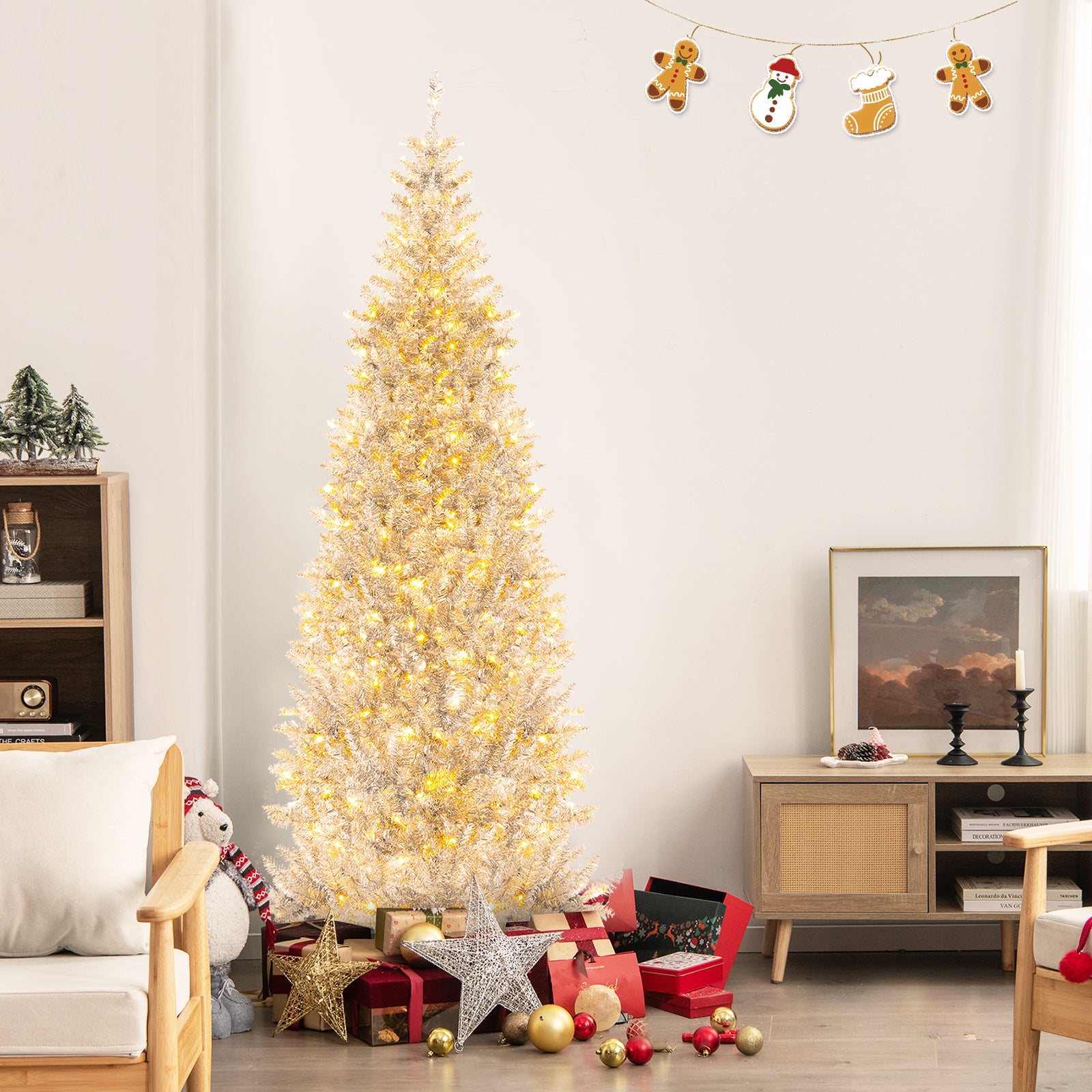 6/7 FT Pre-Lit Artificial Silver Tinsel Xmas Tree with 790 Branch Tips and 300 LED Lights-7 ft, Silver Christmas Tree at Gallery Canada