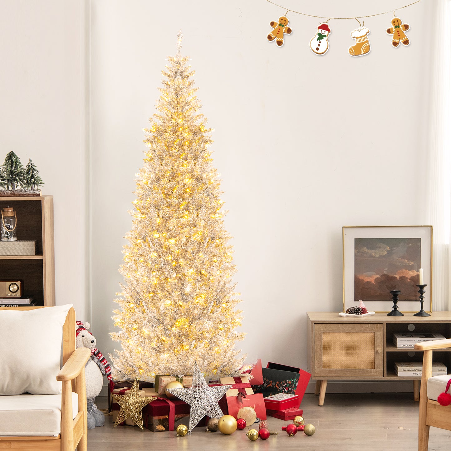 6/7 FT Pre-Lit Artificial Silver Tinsel Xmas Tree with 790 Branch Tips and 300 LED Lights-7 ft, Silver Christmas Tree at Gallery Canada