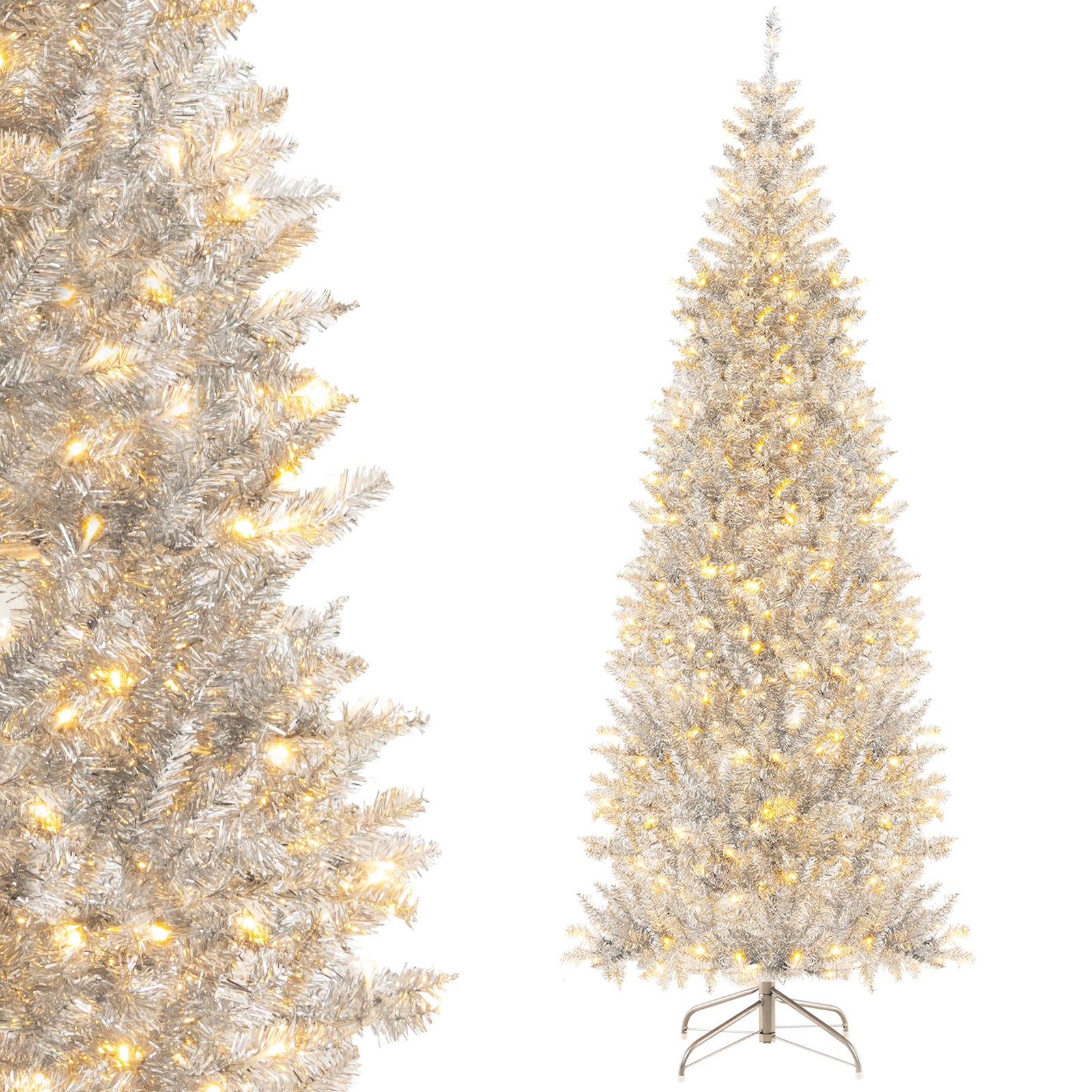 6/7 FT Pre-Lit Artificial Silver Tinsel Xmas Tree with 790 Branch Tips and 300 LED Lights-7 ft, Silver Christmas Tree 7 ft at Gallery Canada