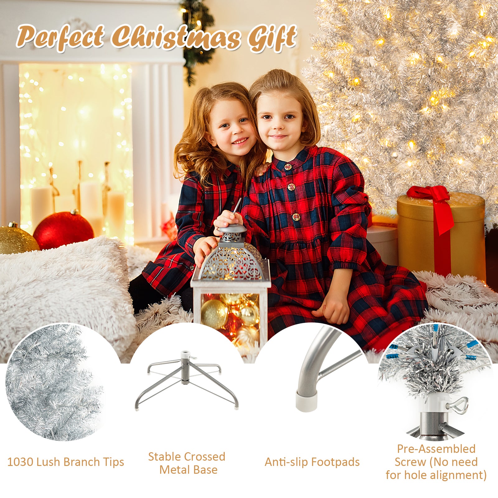 6/7 FT Pre-Lit Artificial Silver Tinsel Xmas Tree with 790 Branch Tips and 300 LED Lights-7 ft, Silver Christmas Tree at Gallery Canada