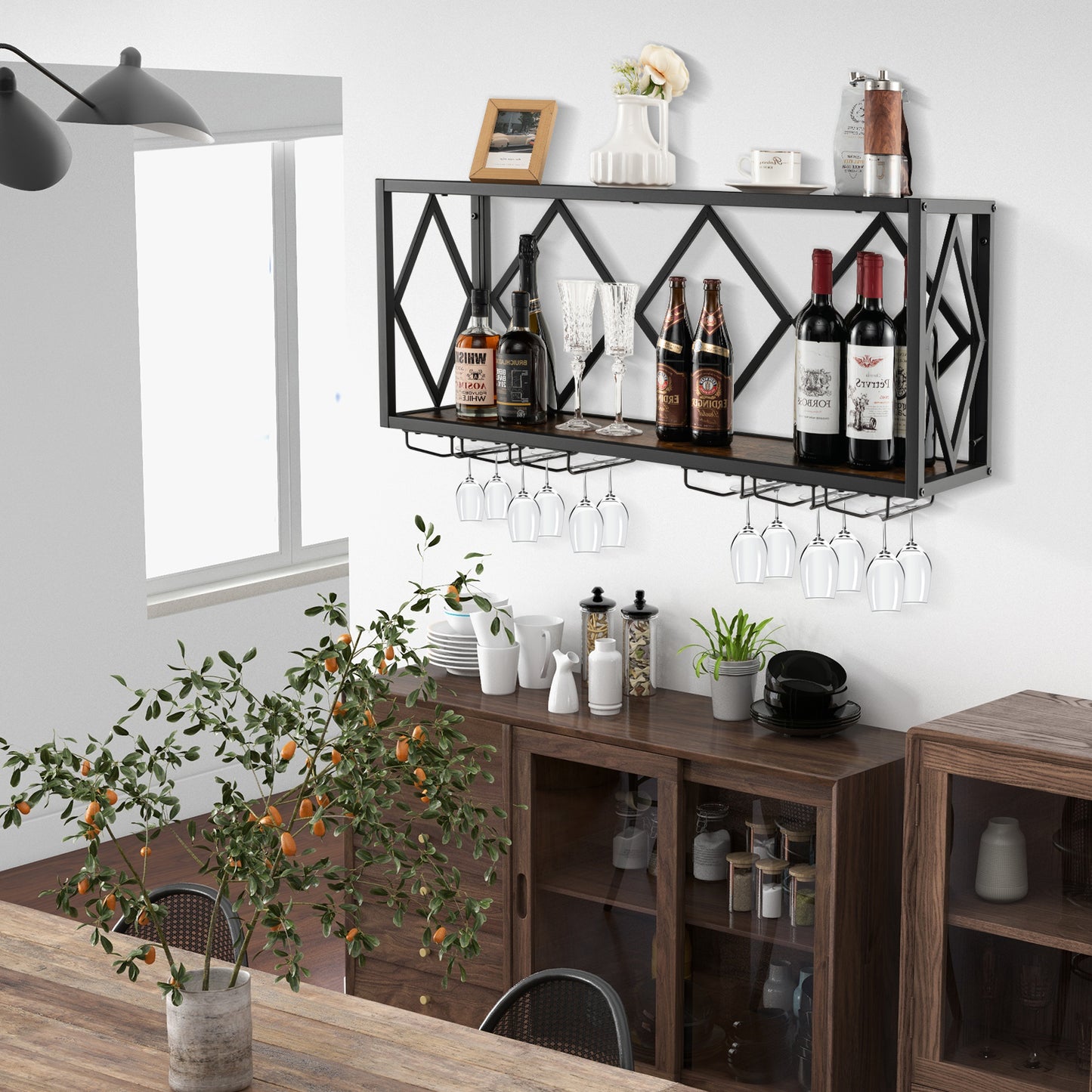 Wall Mounted Wine Rack for 39 Bottles and 12 Glasses, Black Wine Racks at Gallery Canada