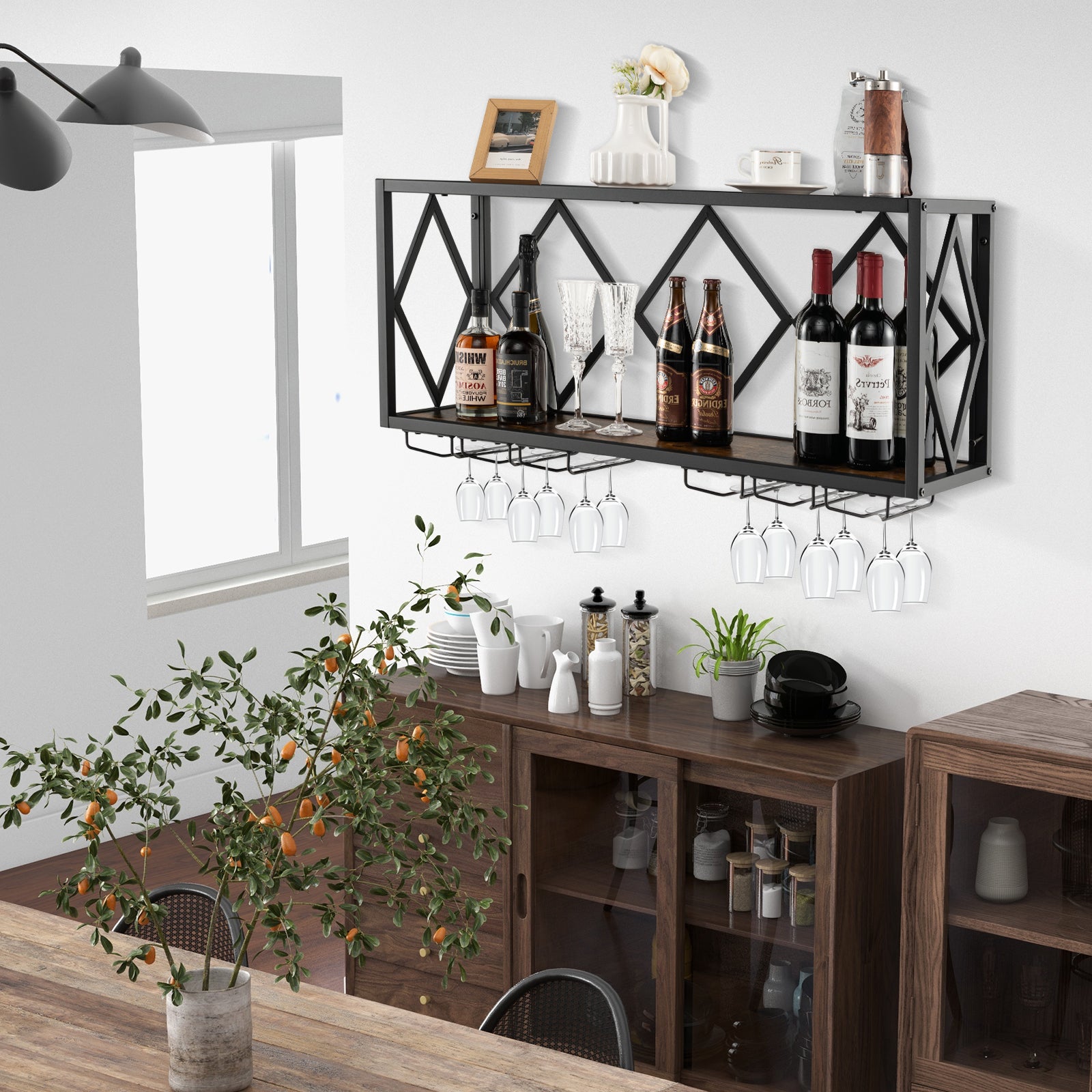 Wall Mounted Wine Rack for 39 Bottles and 12 Glasses, Black Wine Racks at Gallery Canada