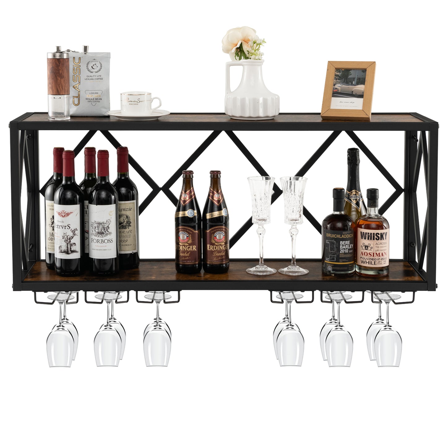 Wall Mounted Wine Rack for 39 Bottles and 12 Glasses, Black Wine Racks at Gallery Canada