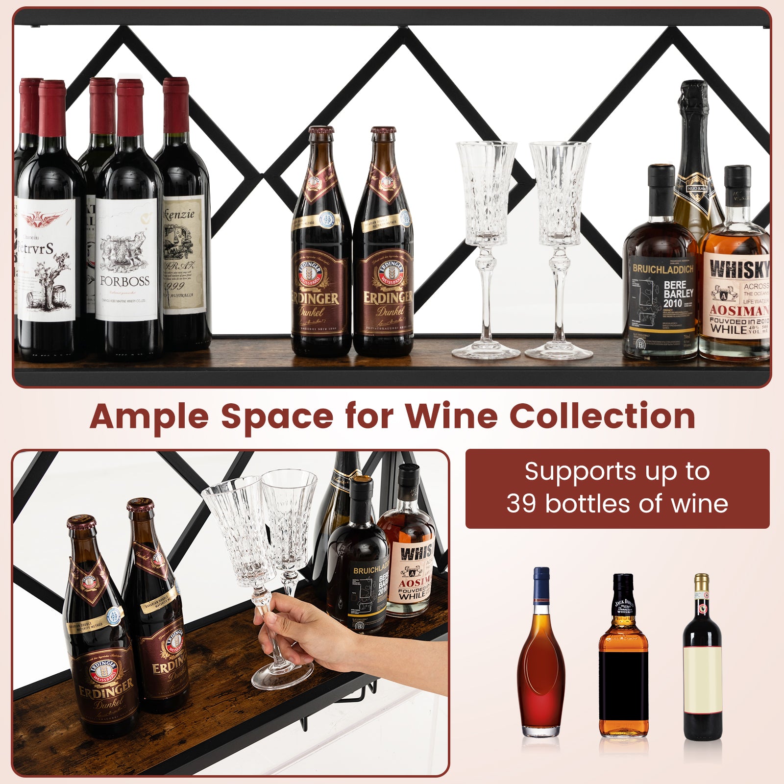 Wall Mounted Wine Rack for 39 Bottles and 12 Glasses, Black Wine Racks at Gallery Canada