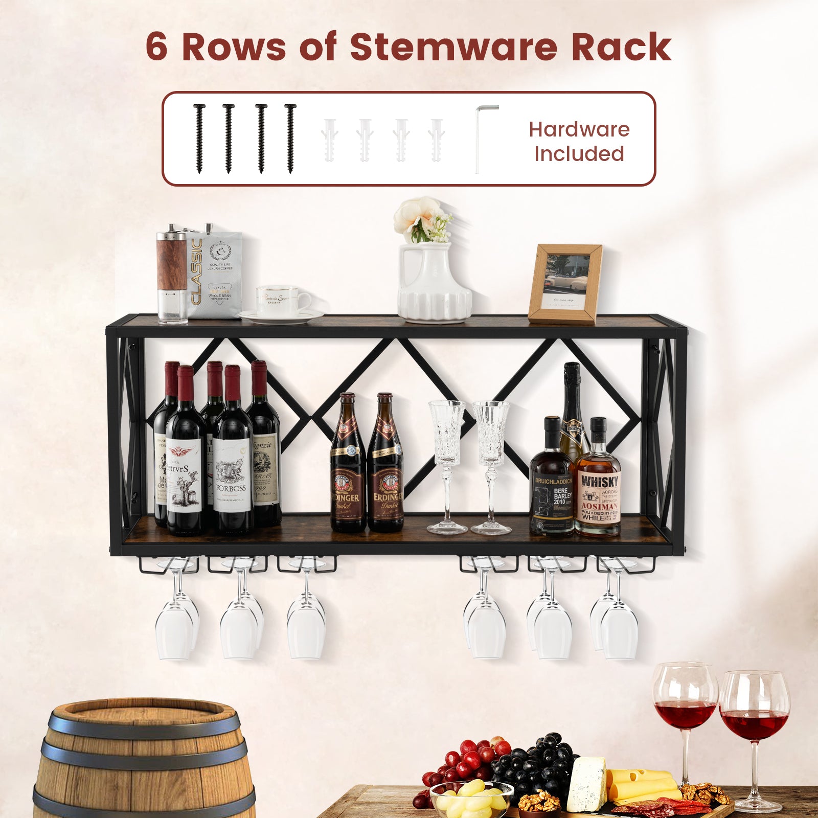 Wall Mounted Wine Rack for 39 Bottles and 12 Glasses, Black Wine Racks at Gallery Canada