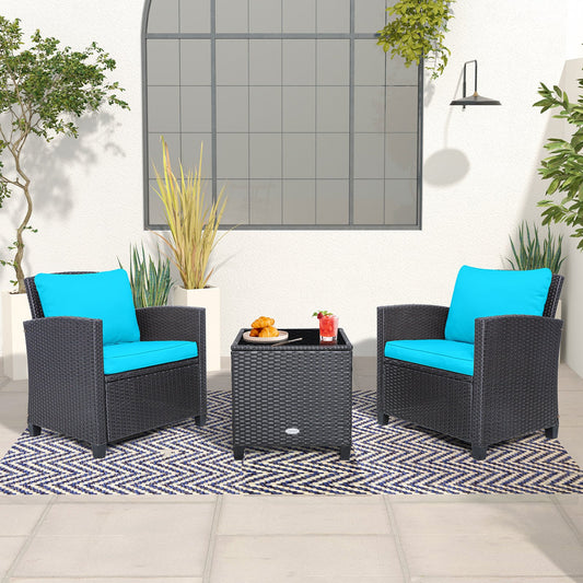 3 Pieces Rattan Patio Furniture Set with Washable Cushion, Beige & Turquoise - Gallery Canada