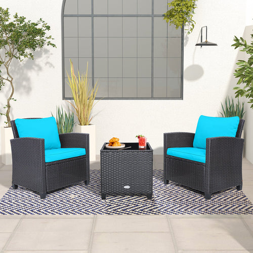 3 Pieces Rattan Patio Furniture Set with Washable Cushion, Beige & Turquoise