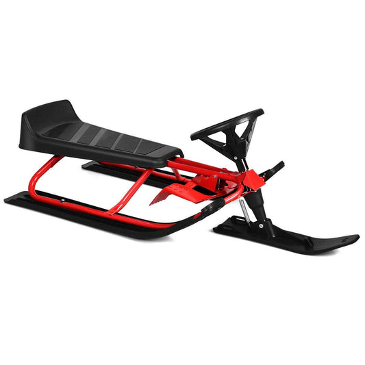 Kids Snow Sled with Steering Wheel and Double Brakes Pull Rope, Red - Gallery Canada