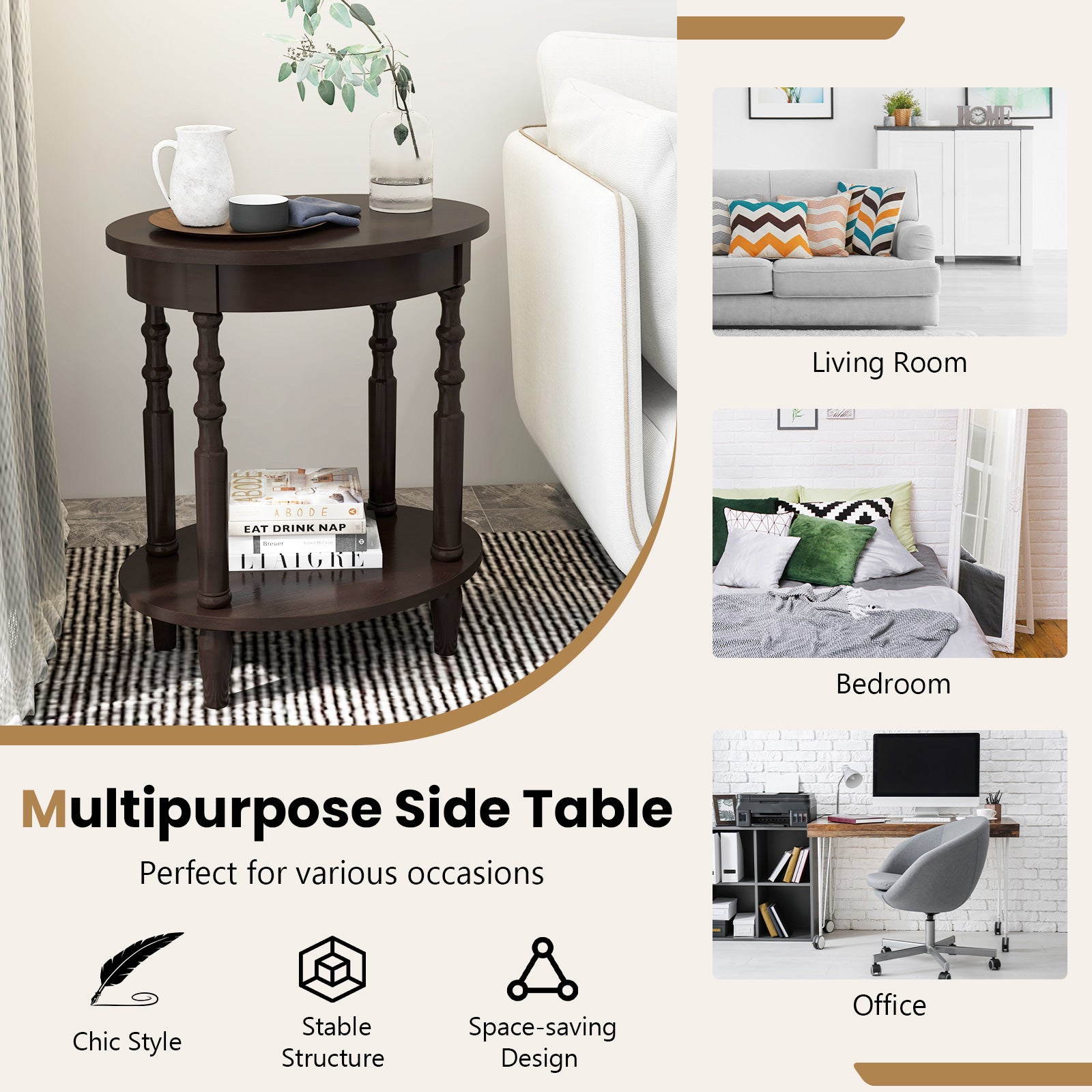 2-Tier Oval Side Table with Storage Shelf and Solid Wood Legs, Espresso End & Side Tables at Gallery Canada