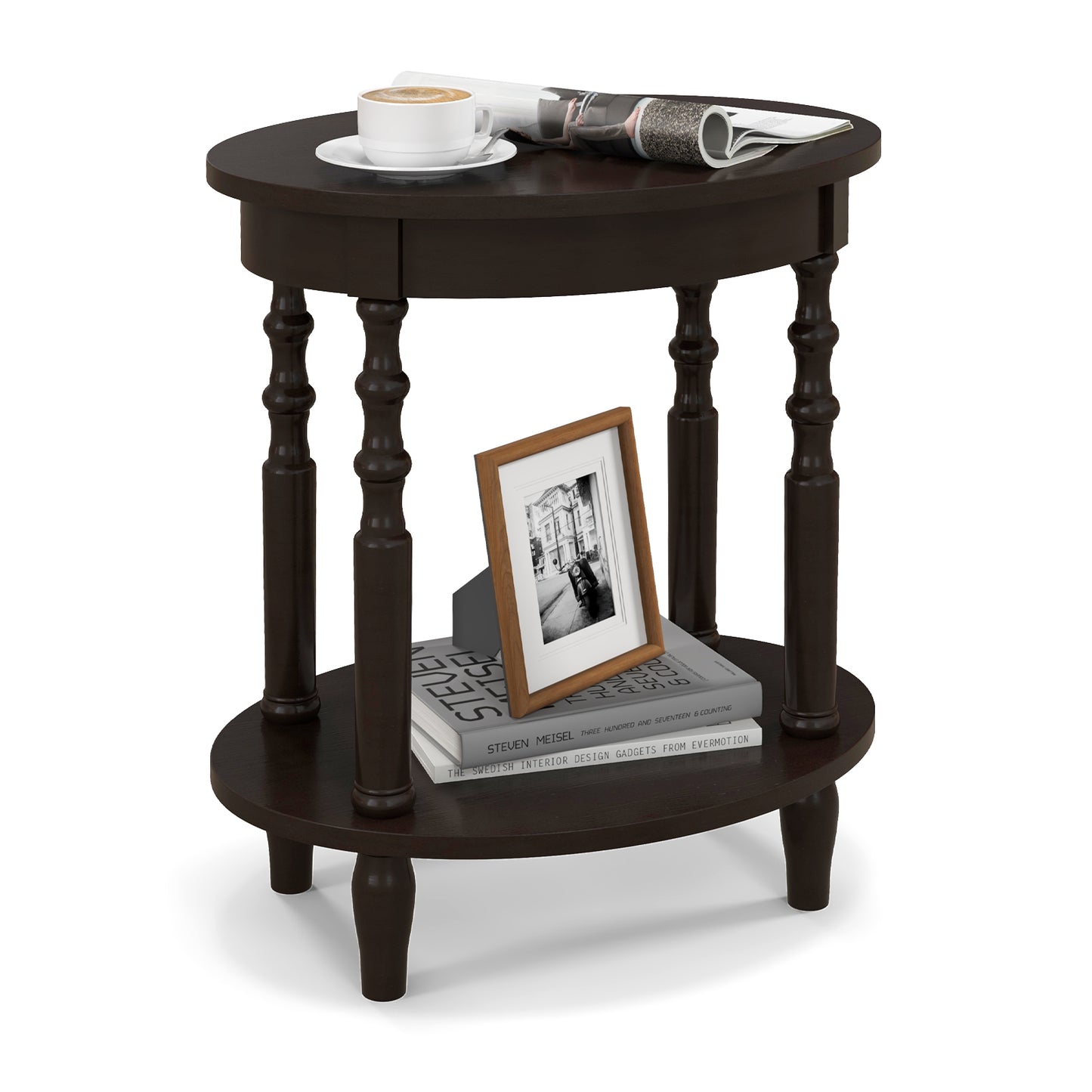 2-Tier Oval Side Table with Storage Shelf and Solid Wood Legs, Espresso End & Side Tables at Gallery Canada
