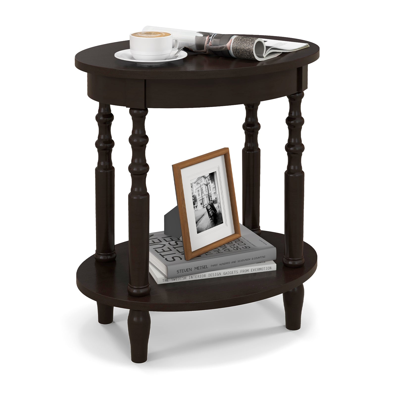 2-Tier Oval Side Table with Storage Shelf and Solid Wood Legs, Espresso End & Side Tables at Gallery Canada