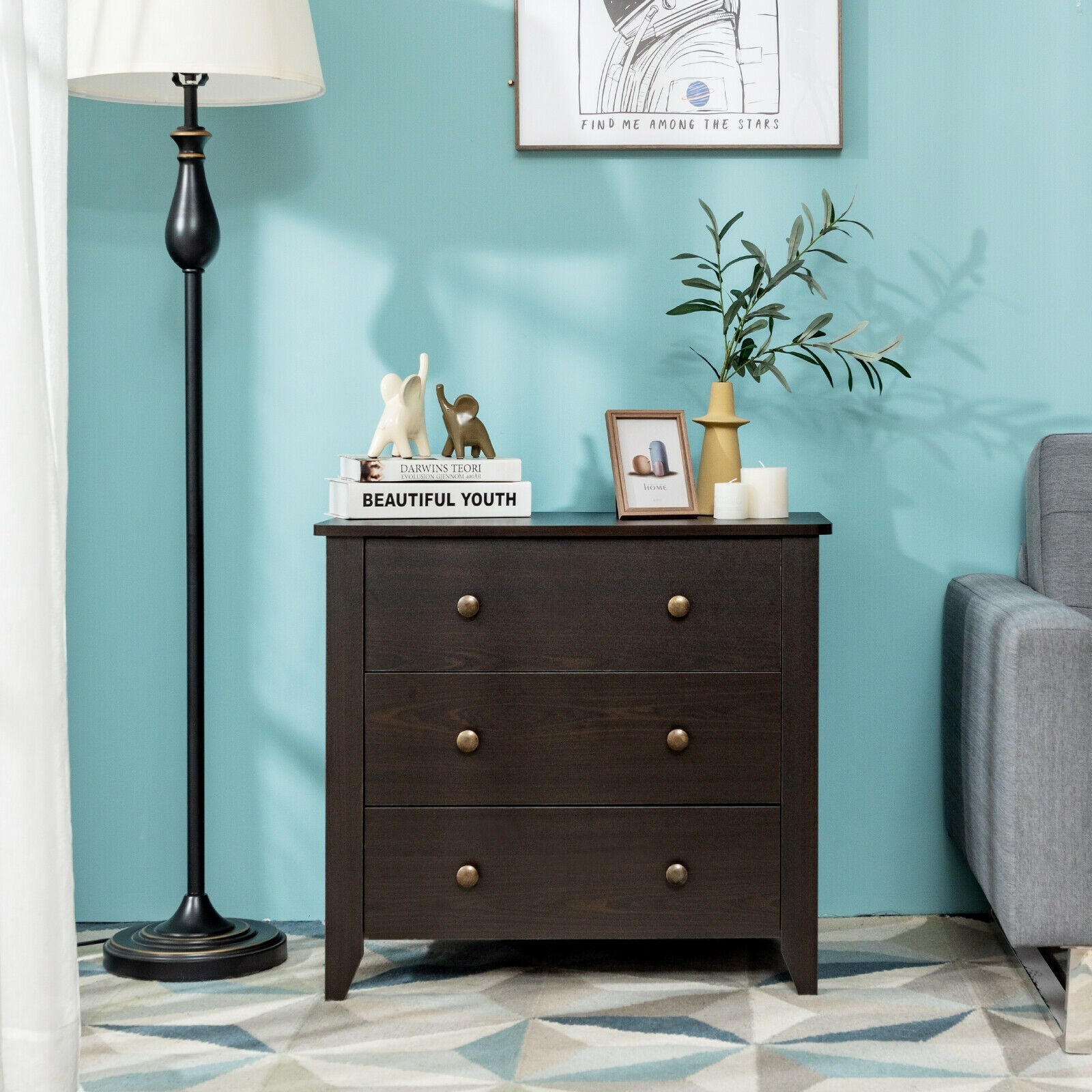 3 Drawer Dresser Chest of Drawers Bedside Table, Dark Brown Cabinets & Chests at Gallery Canada