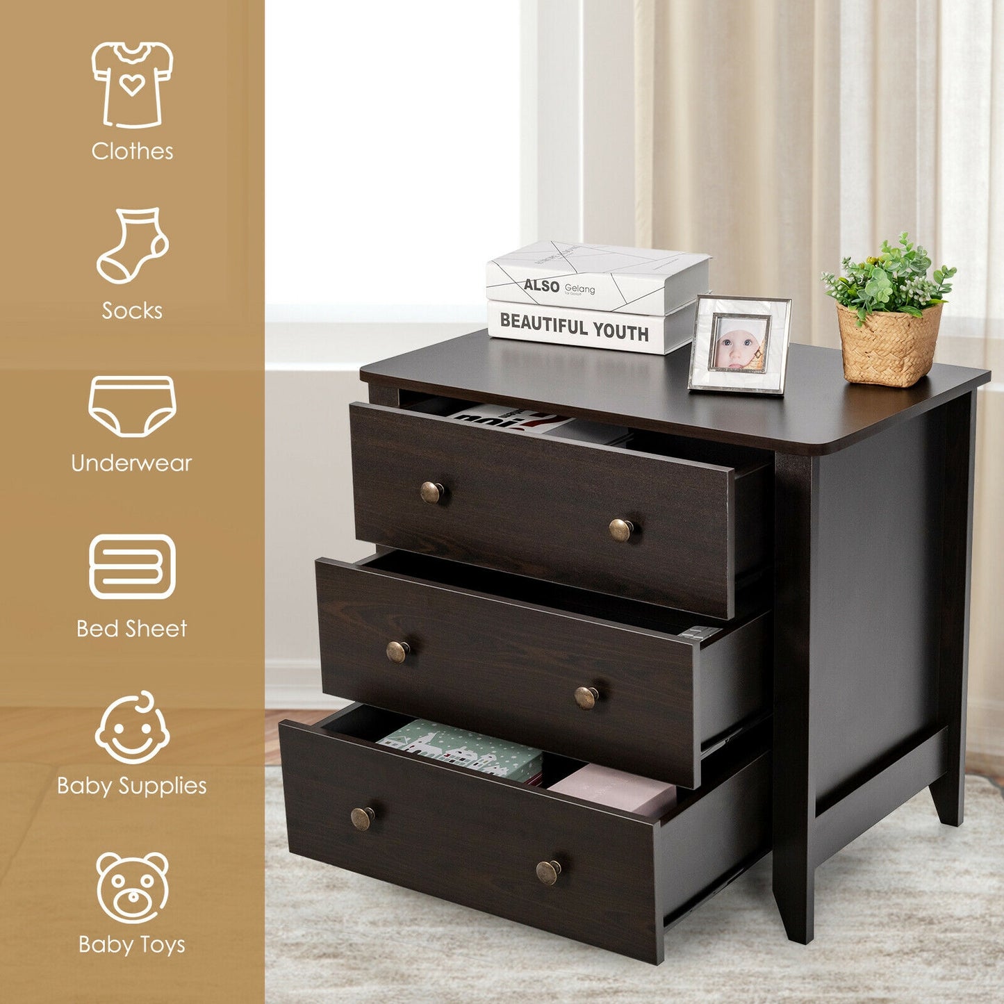 3 Drawer Dresser Chest of Drawers Bedside Table, Dark Brown Cabinets & Chests at Gallery Canada