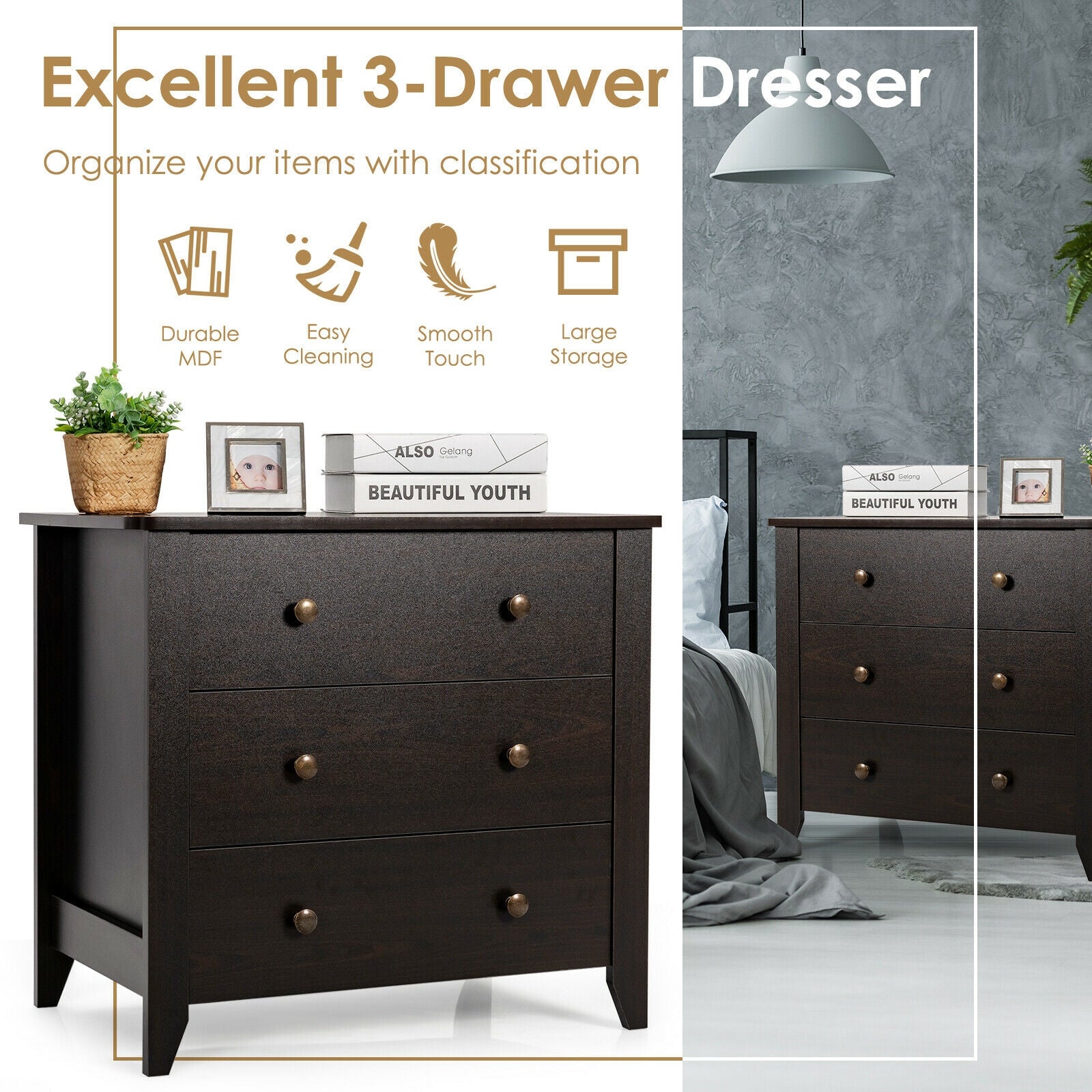 3 Drawer Dresser Chest of Drawers Bedside Table, Dark Brown Cabinets & Chests at Gallery Canada