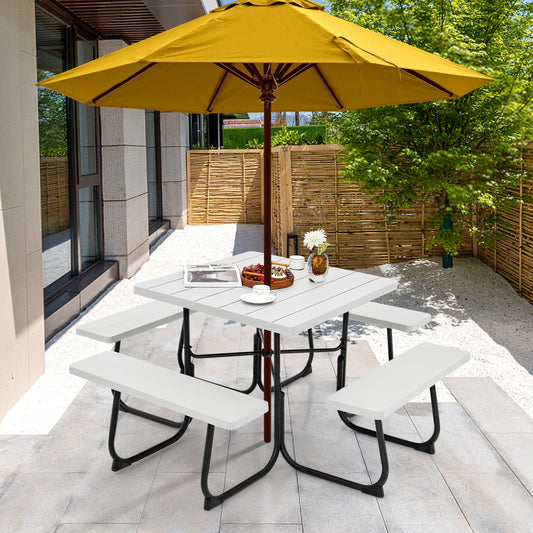 Outdoor Picnic Table with 4 Benches and Umbrella Hole, White - Gallery Canada