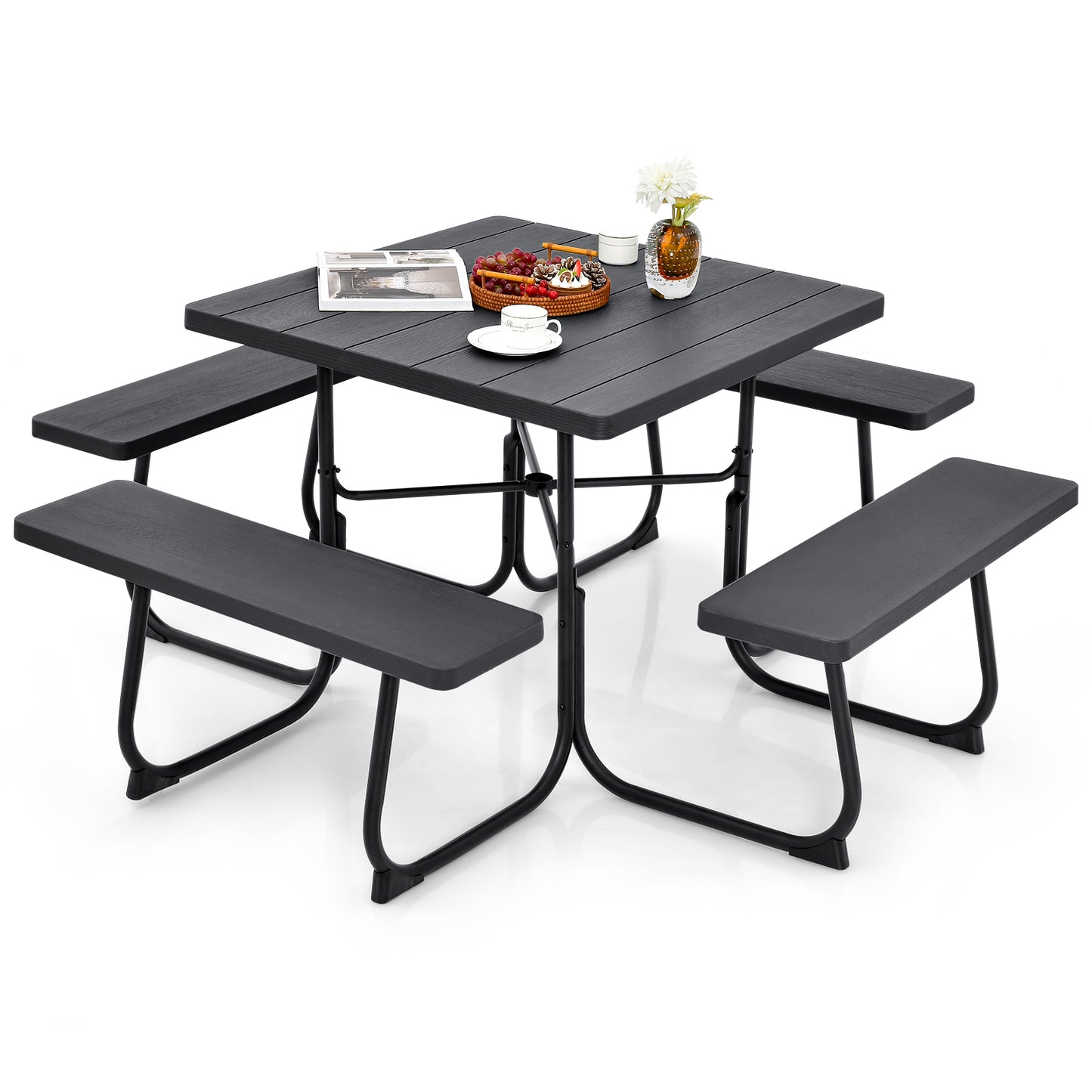 Outdoor Picnic Table with 4 Benches and Umbrella Hole, Black Picnic Tables Black at Gallery Canada