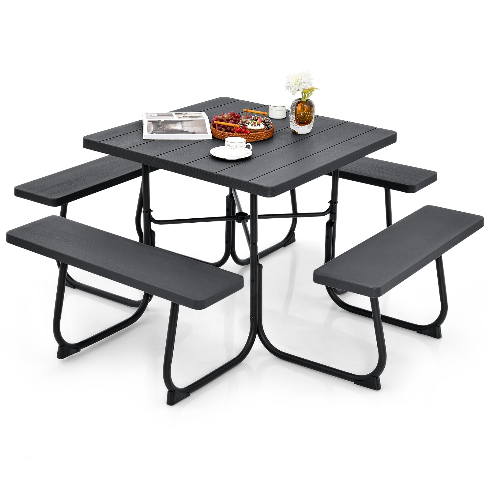 Outdoor Picnic Table with 4 Benches and Umbrella Hole, Black Picnic Tables Black at Gallery Canada