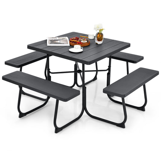 Outdoor Picnic Table With 4 Benches, Umbrella Hole, Black