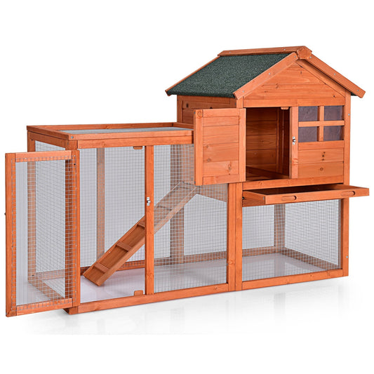 Outdoor Wooden Rabbit Hutch with Asphalt Roof and Removable Tray, Natural