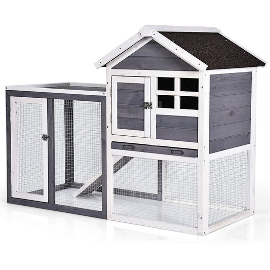 Outdoor Wooden Rabbit Hutch with Asphalt Roof and Removable Tray, Gray - Gallery Canada