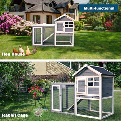 Outdoor Wooden Rabbit Hutch with Asphalt Roof and Removable Tray, Gray