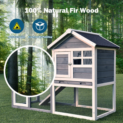Outdoor Wooden Rabbit Hutch with Asphalt Roof and Removable Tray, Gray