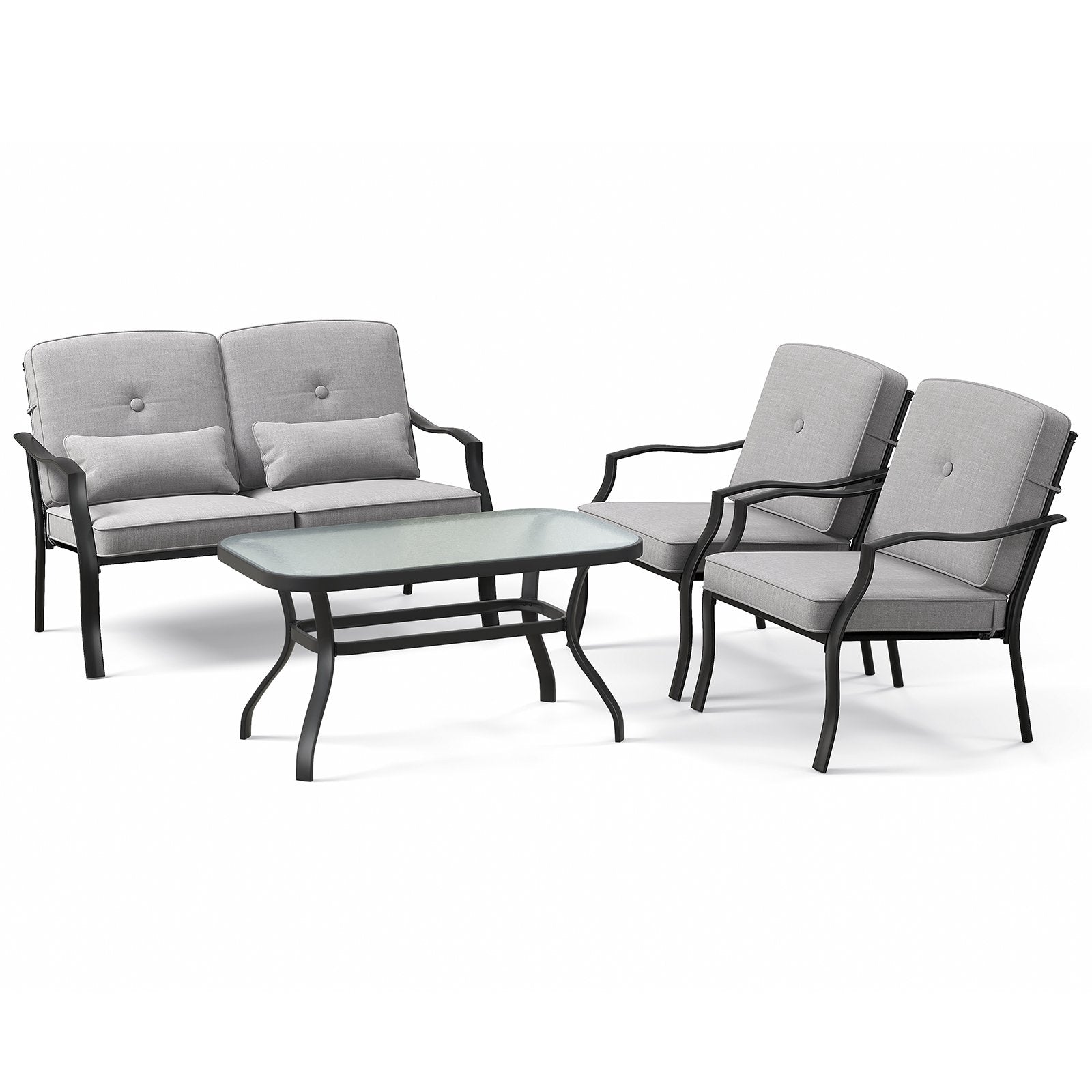 4 Pieces Outdoor Conversation Set with Seat Back Cushions and Waist Pillows, Gray Patio Conversation Sets Gray at Gallery Canada