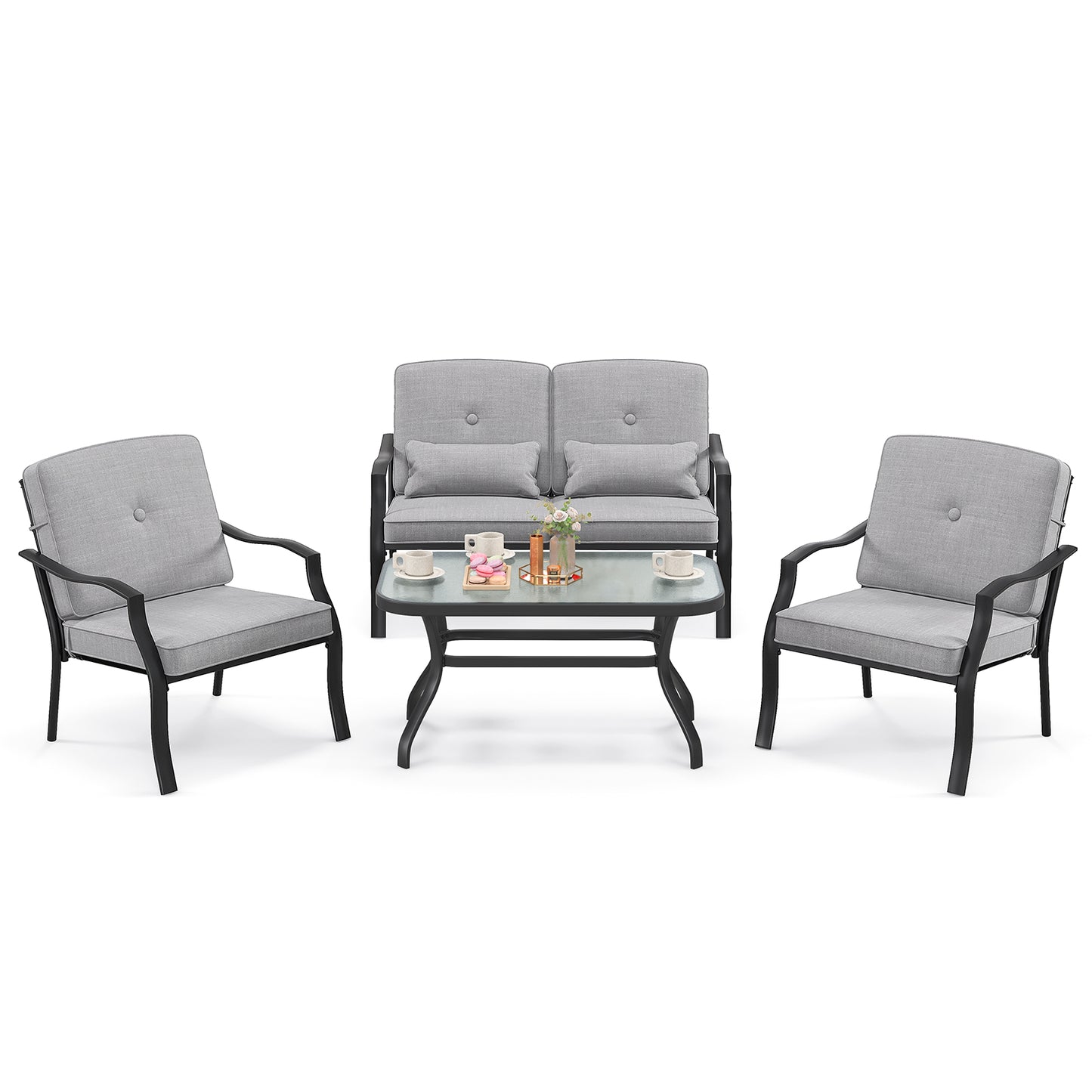4 Pieces Outdoor Conversation Set with Seat Back Cushions and Waist Pillows, Gray Patio Conversation Sets at Gallery Canada