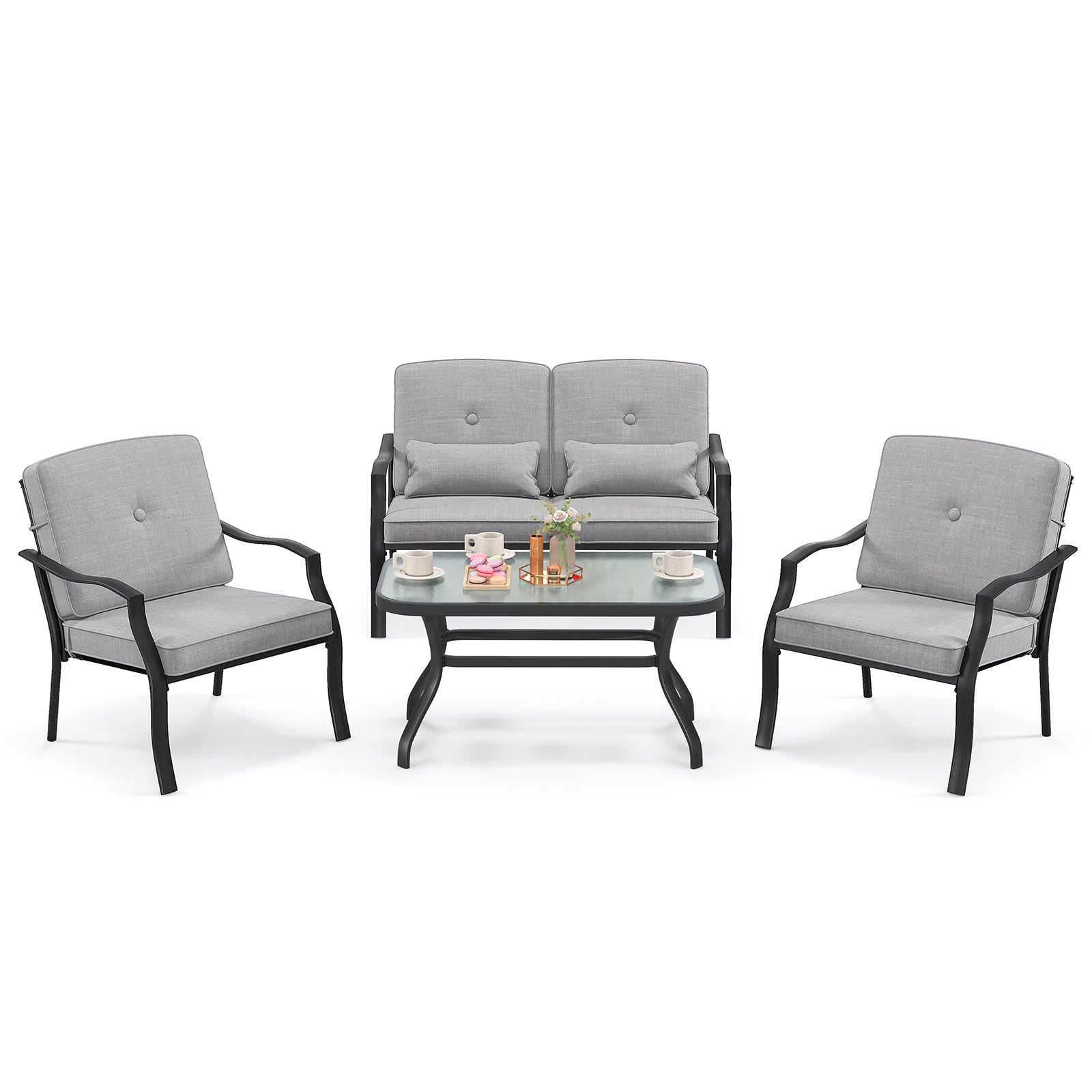 4 Pieces Outdoor Conversation Set with Seat Back Cushions and Waist Pillows, Gray Patio Conversation Sets at Gallery Canada