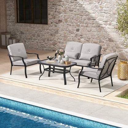 4 Pieces Outdoor Conversation Set with Seat Back Cushions and Waist Pillows, Gray Patio Conversation Sets at Gallery Canada