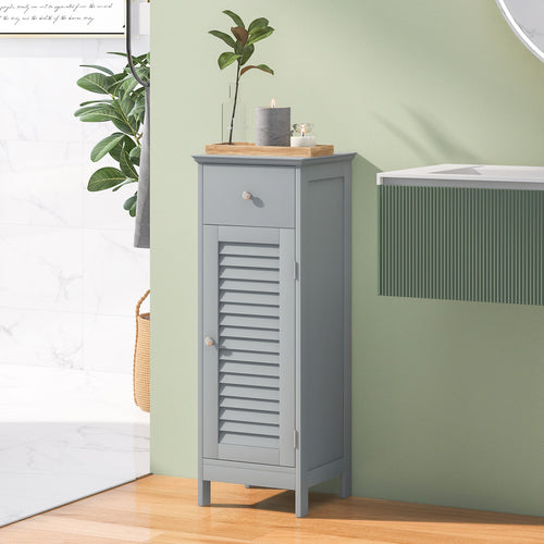 Wooden Bathroom Floor Storage Cabinet, With Drawer And Shutter Door, Gray