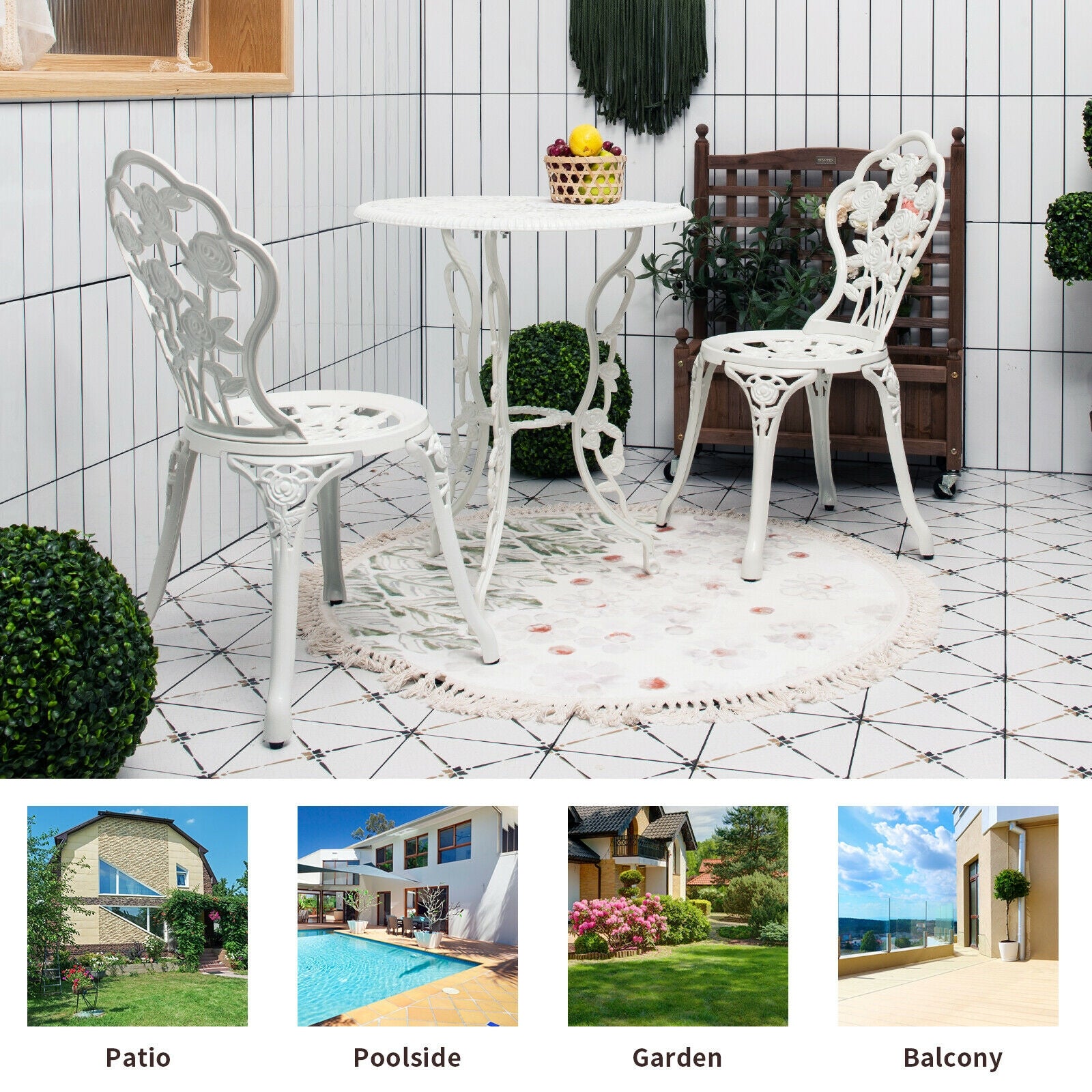 Cast Aluminum Patio Furniture Set, Rose Design, White Patio Conversation Sets at Gallery Canada