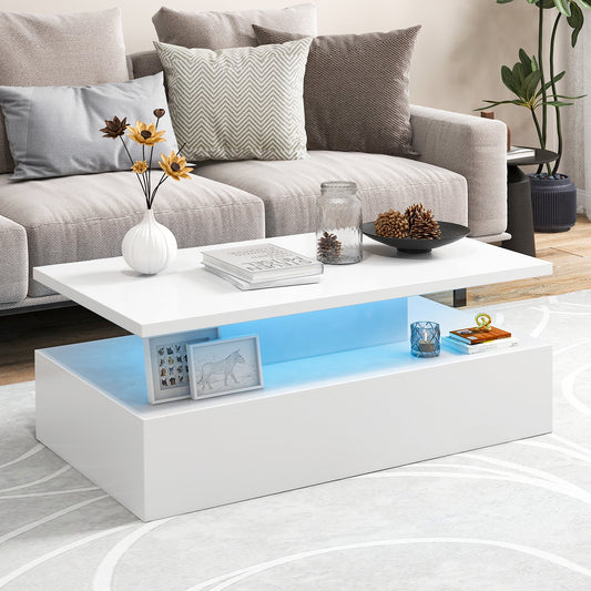 Modern 2-tier High Glossy Table with Adjustable Light Colors for Living Room, White - Gallery Canada