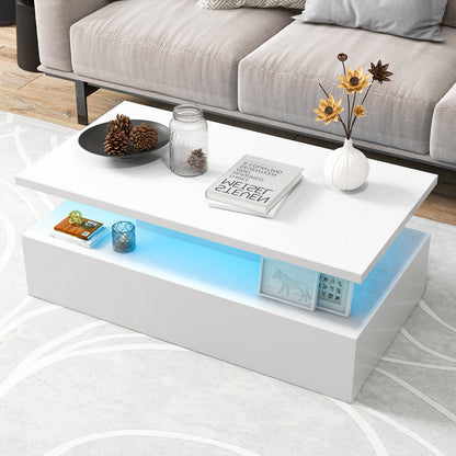 Modern 2-tier High Glossy Table with Adjustable Light Colors for Living Room, White