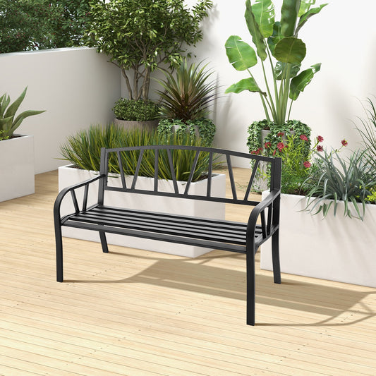 Patio Garden Bench with Metal Frame and Slatted Seat, Black - Gallery Canada