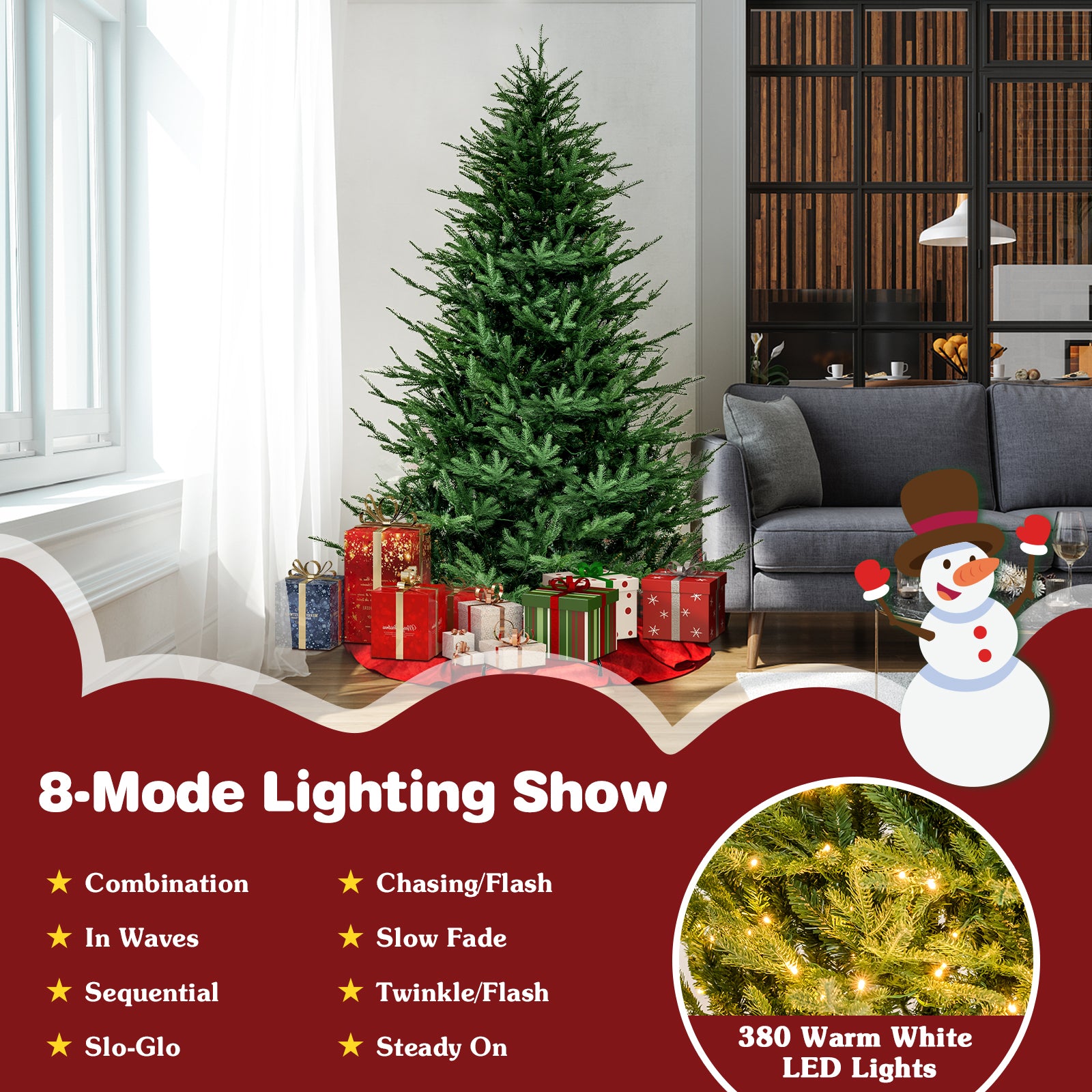 Pre-lit Christmas Tree with 280 Warm White LED Lights and 8 Lighting Modes-7 ft, Green Christmas Tree at Gallery Canada